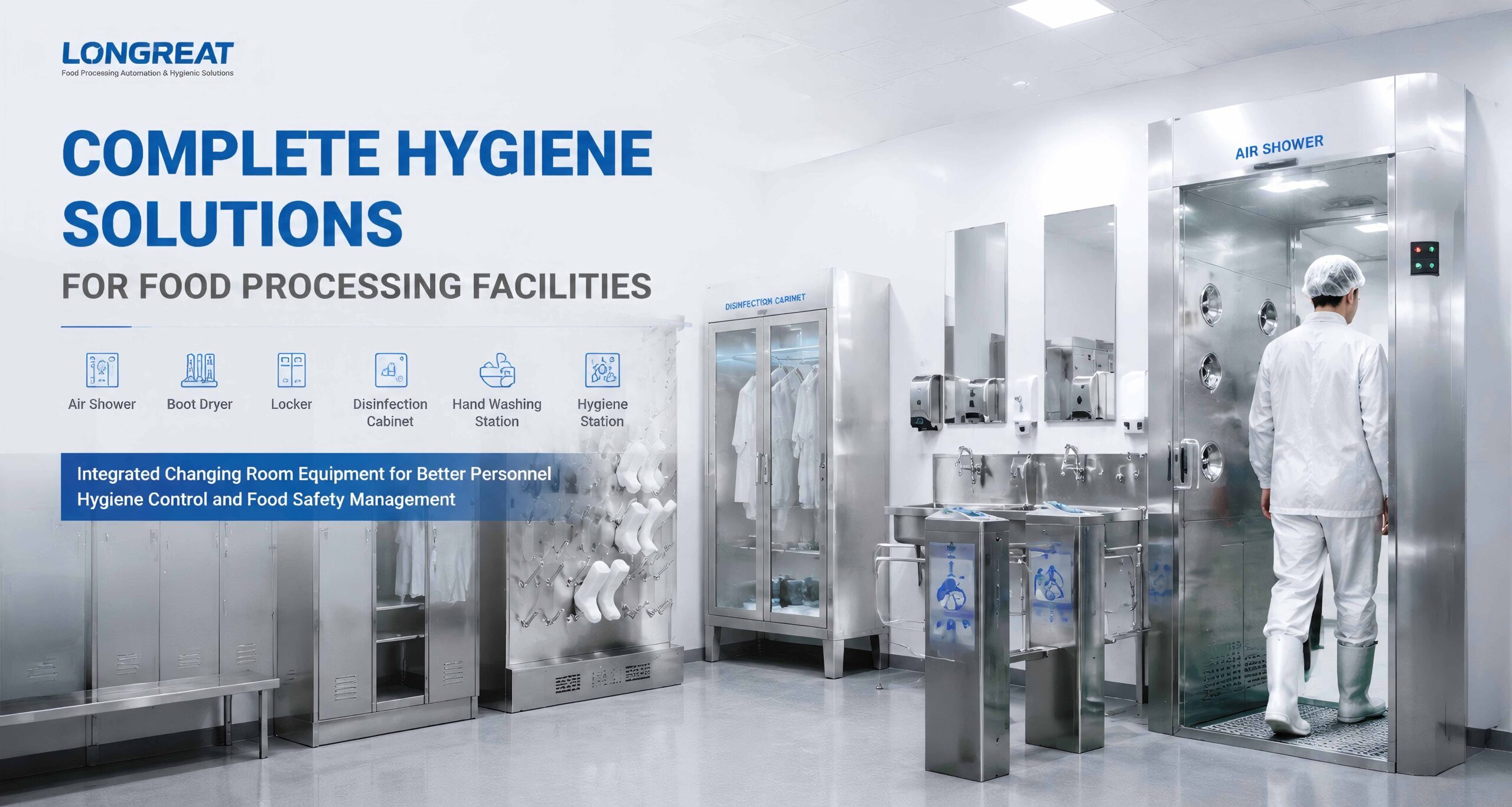 Complete hygiene changing room equipment solution for food processing facilities including air shower, boot dryer, lockers and hand washing station