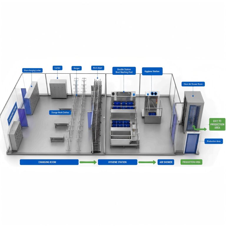 Complete food factory changing room hygiene solution with boot washer air shower and lockers