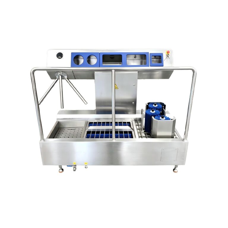 Food factory hygiene station with boot washing and hand disinfection system