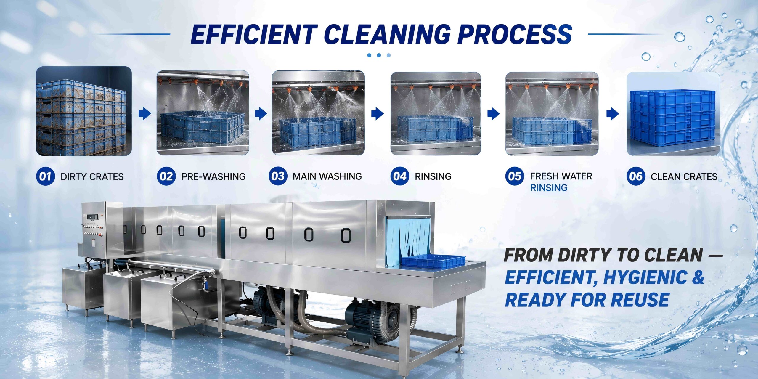 Automatic crate washer cleaning process from pre-washing to rinsing and clean crates