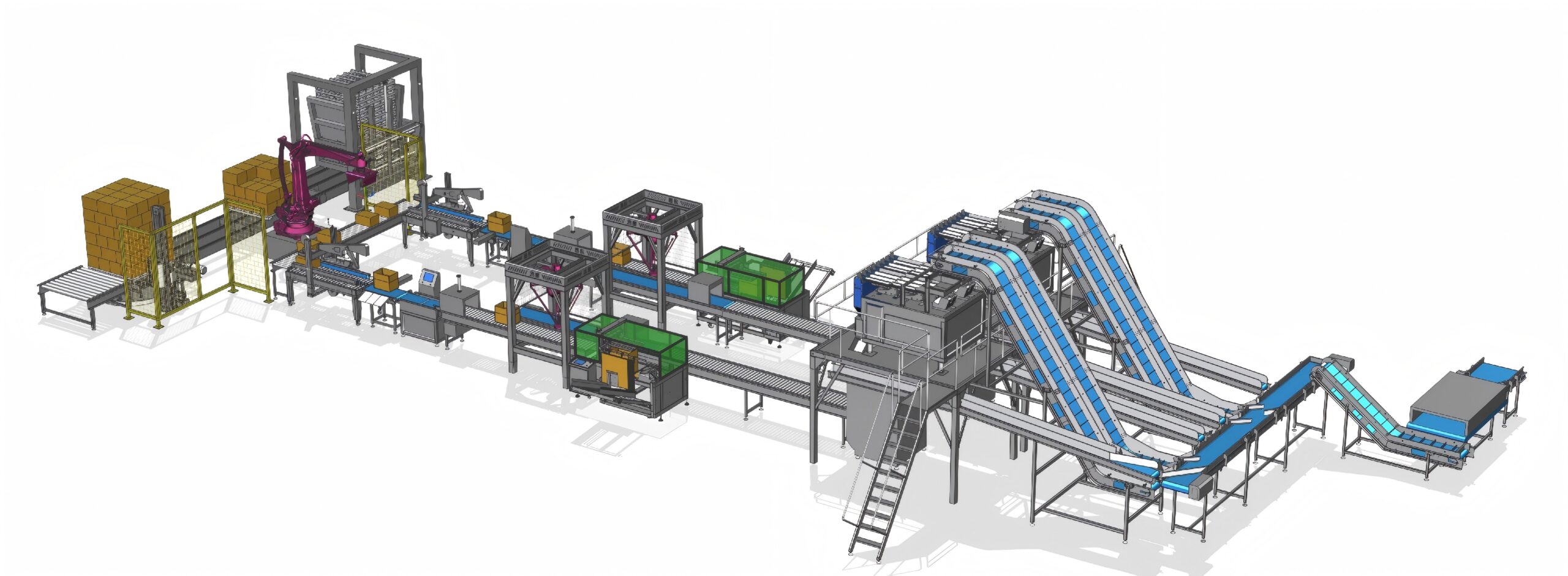 Automatic packing and palletizing production line designed for food processing factories with robotic palletizing automation