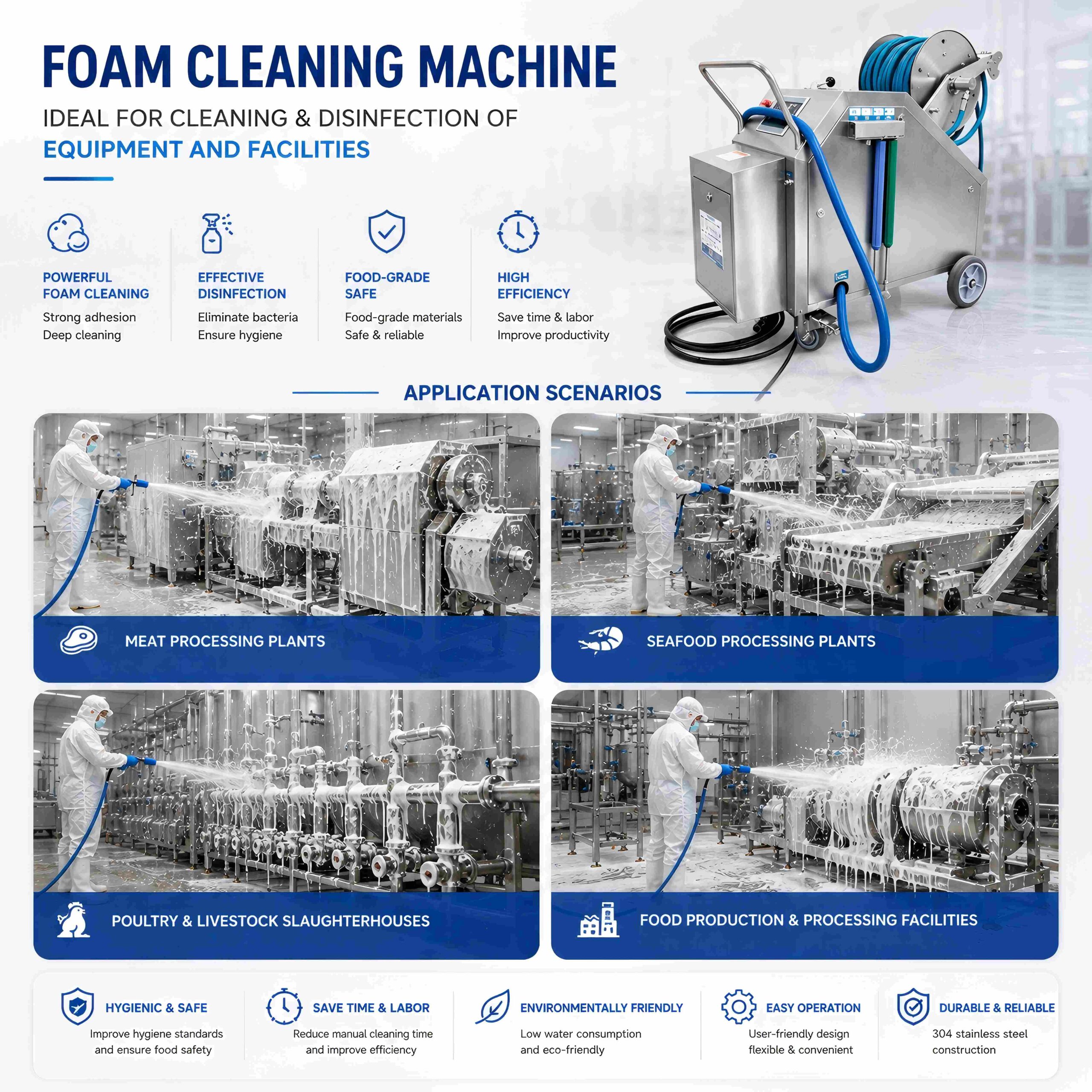 Foam cleaning machine applications in food processing factories for equipment and workshop cleaning