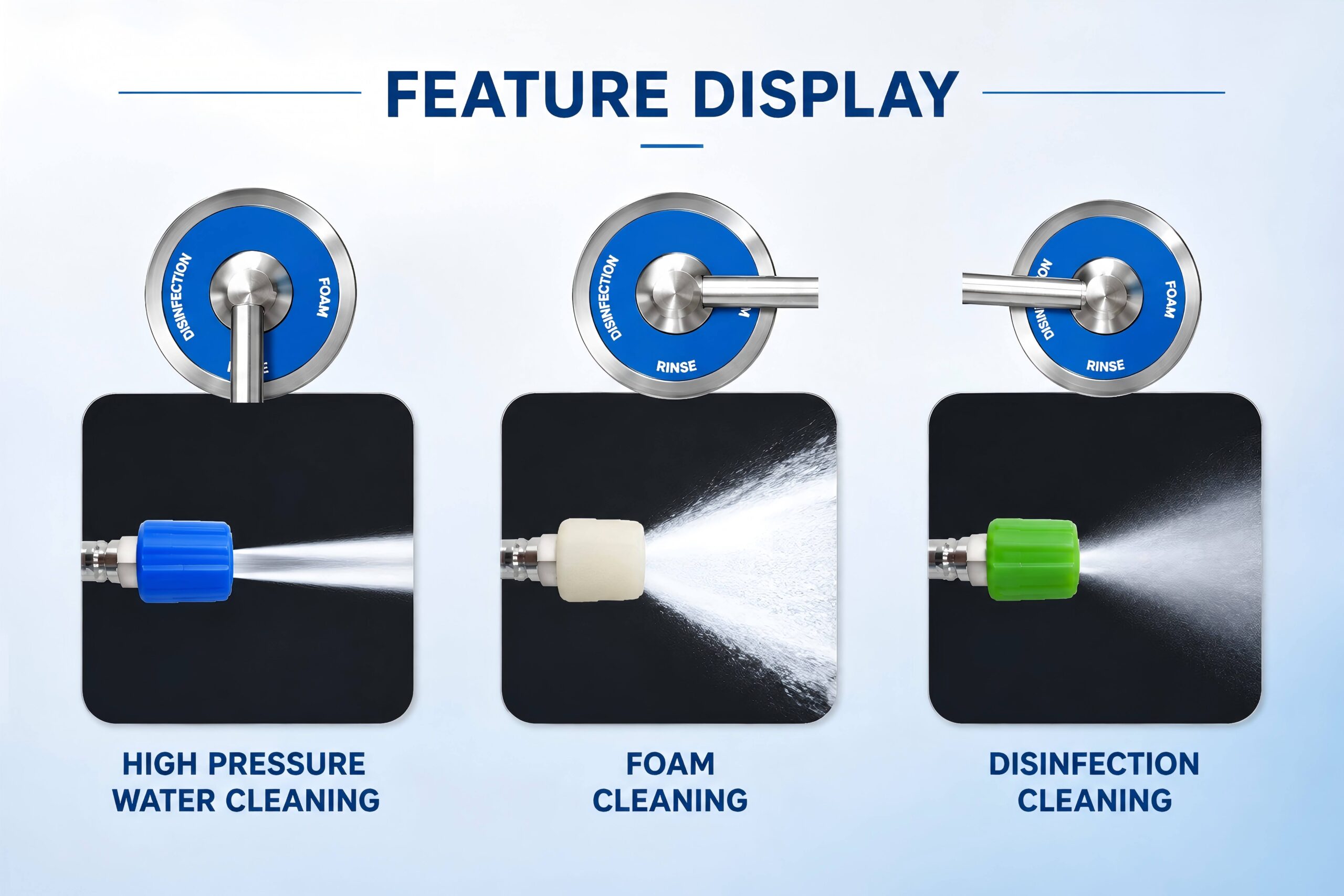 Three functions of Longreat foam cleaning machine including high pressure rinsing, foam cleaning and disinfection