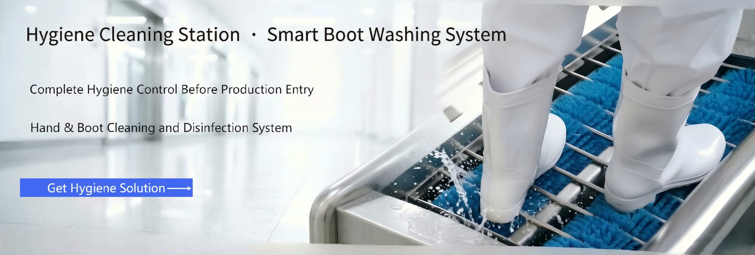 Longreat hygiene station for food processing factories with boot washing and hand disinfection system