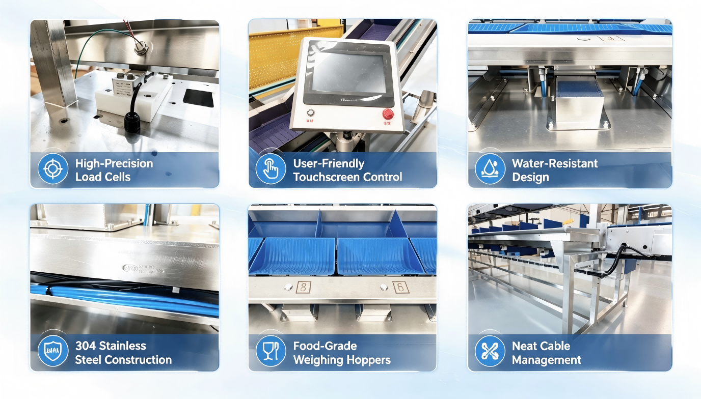 multihead weigher features with touchscreen, weighing hoppers and stainless steel structure