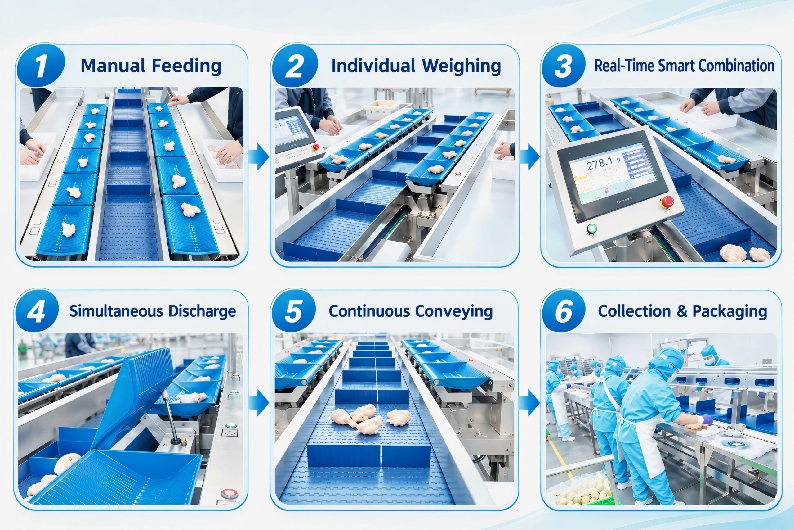 multihead weigher working process with automatic weighing and combination calculation