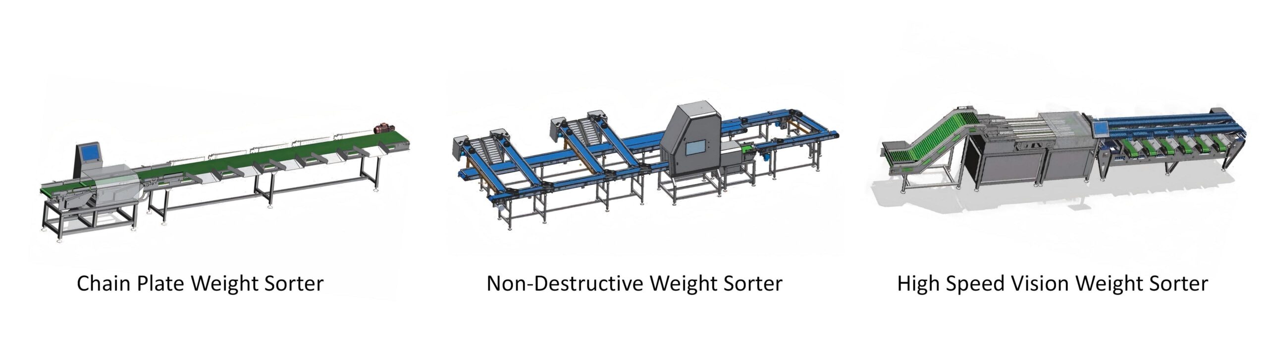 Different types of automatic weight sorting machines including chain plate, belt type, vision and non-destructive sorting solutions for food processing industries