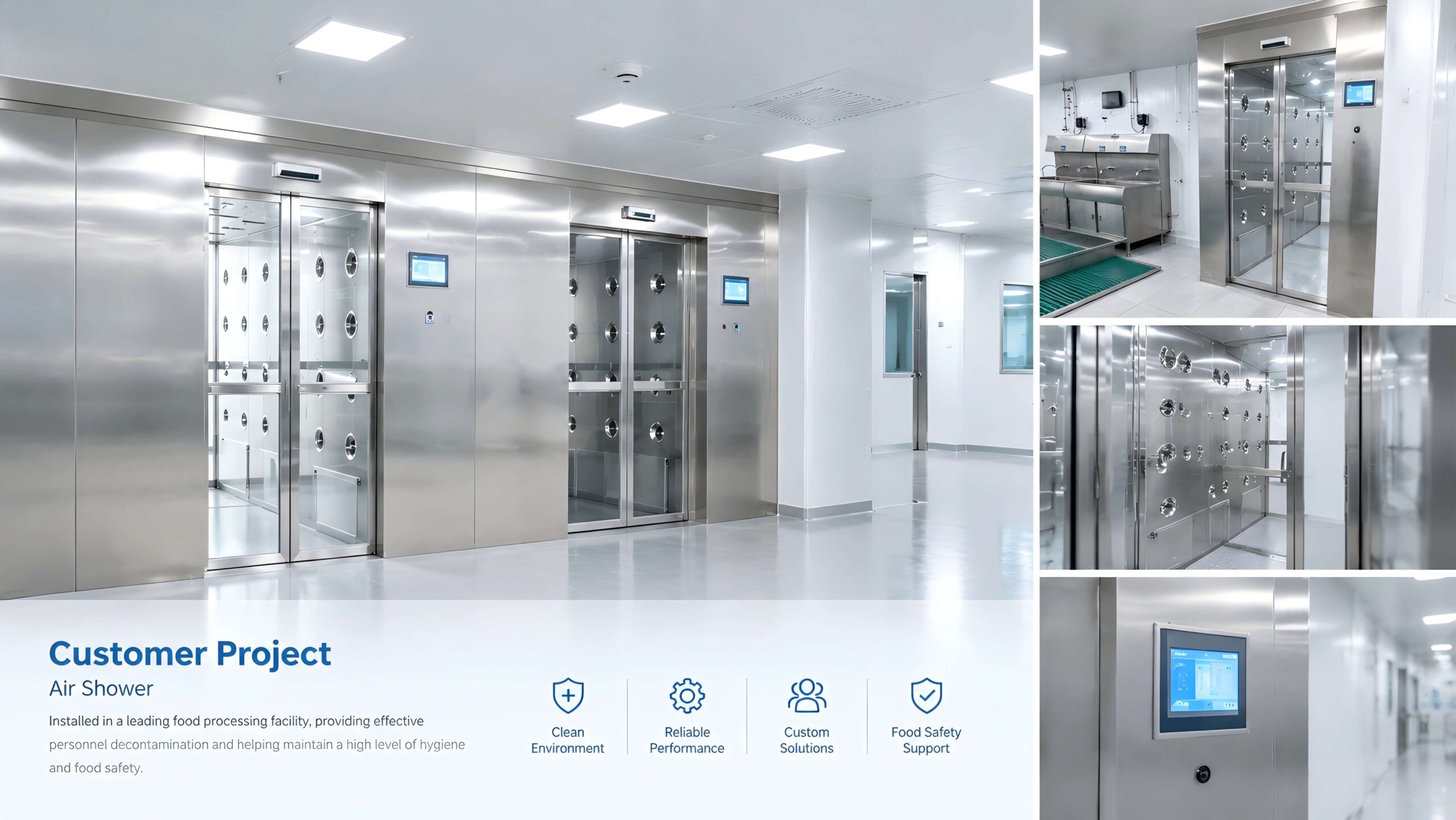 Air shower room installation project in a food processing factory for personnel hygiene control and clean production entry