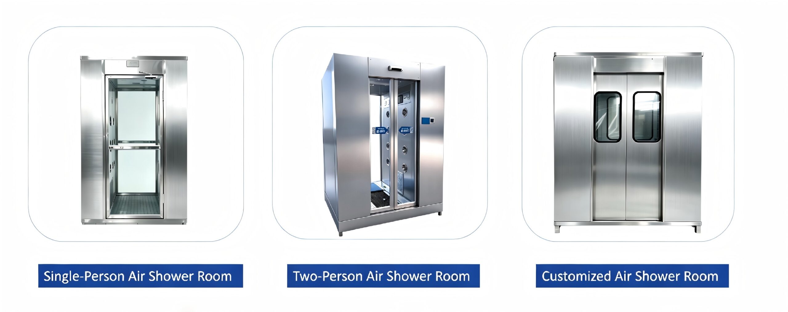 Different types of air shower rooms including single person, double door and multi-person designs for food factory hygiene control