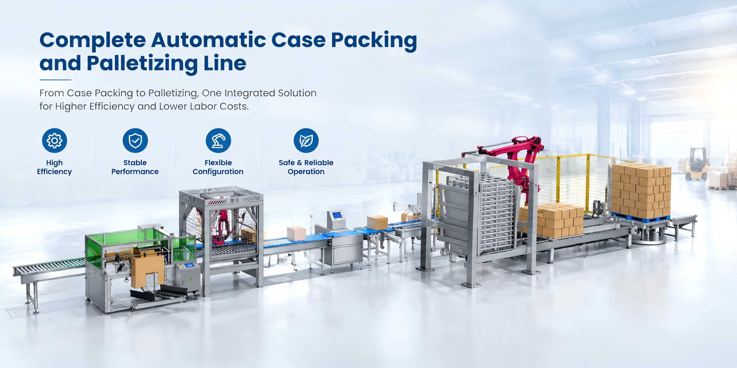 Automatic case packing and palletizing line with robotic palletizing system for food processing automation