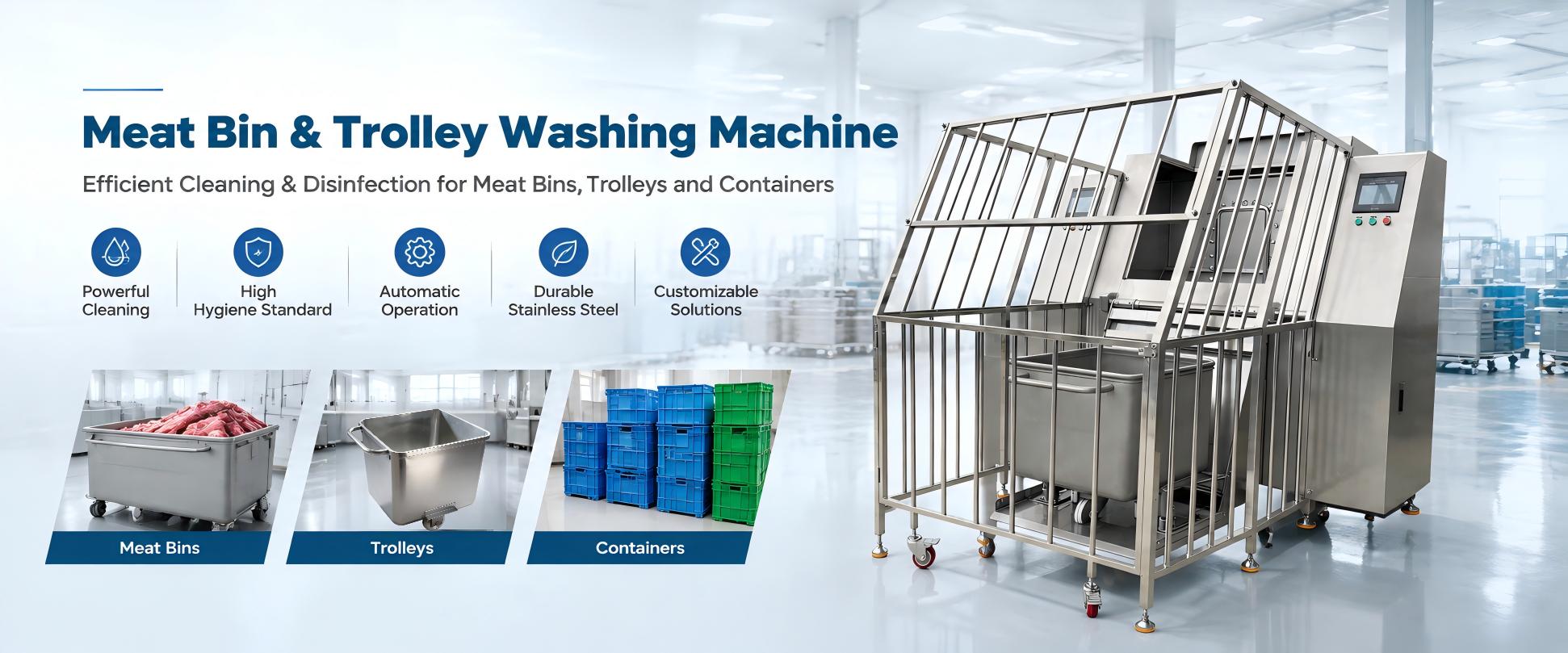 Automatic meat bin and trolley washing machine for food processing plant cleaning