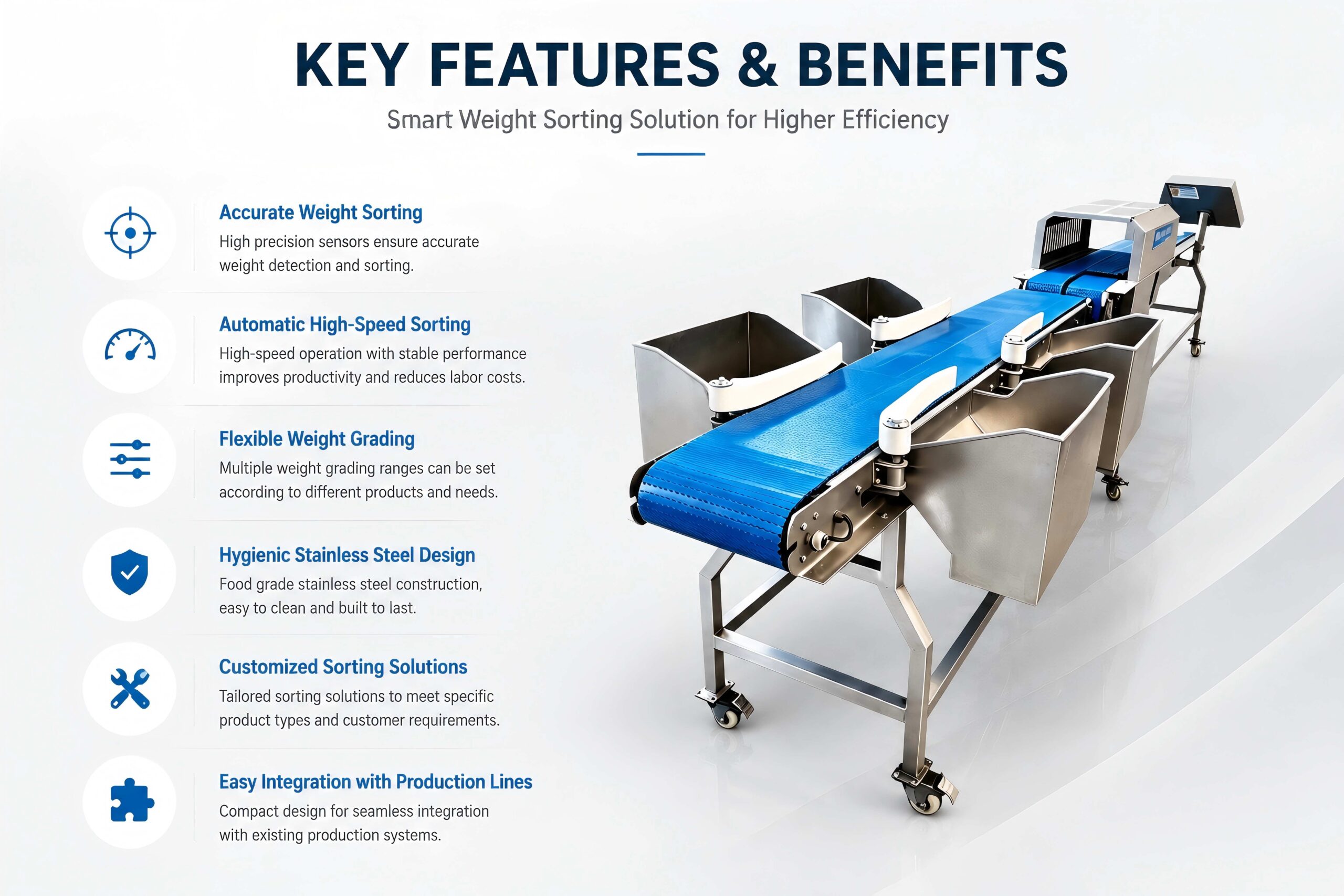 Key features of automatic weight sorting machine including accurate weighing, automatic sorting and weight grading solutions