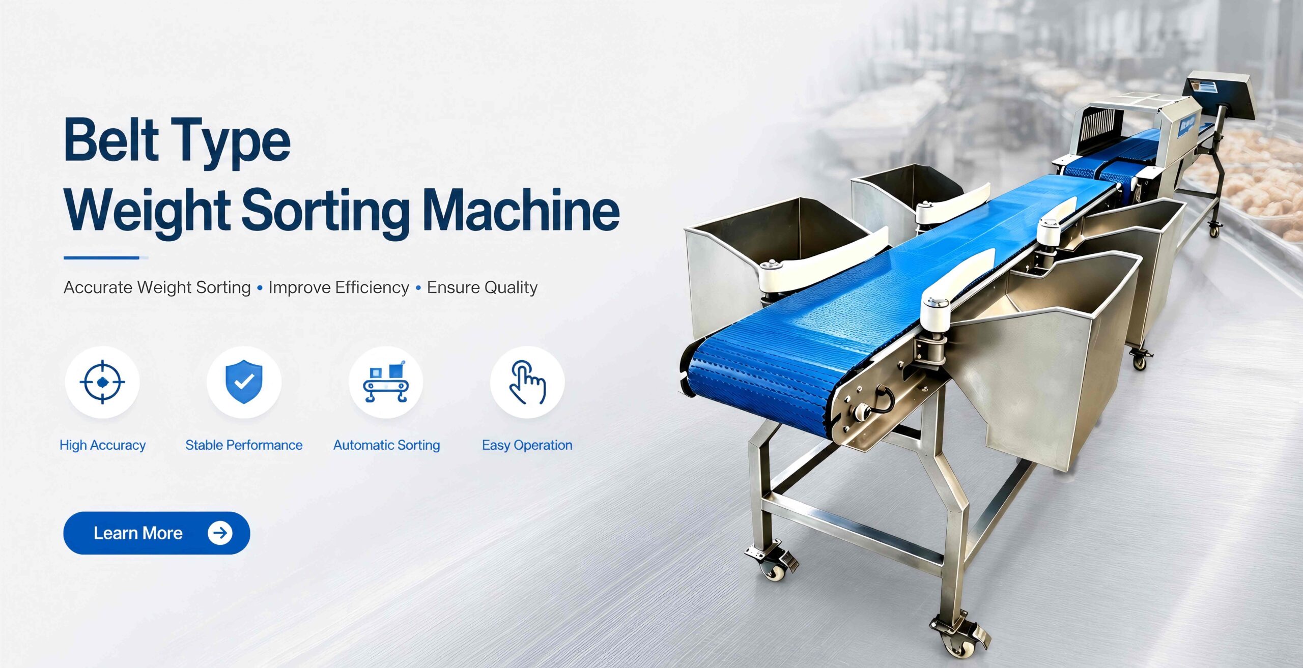 Automatic belt type weight sorting machine for poultry, seafood and meat processing applications