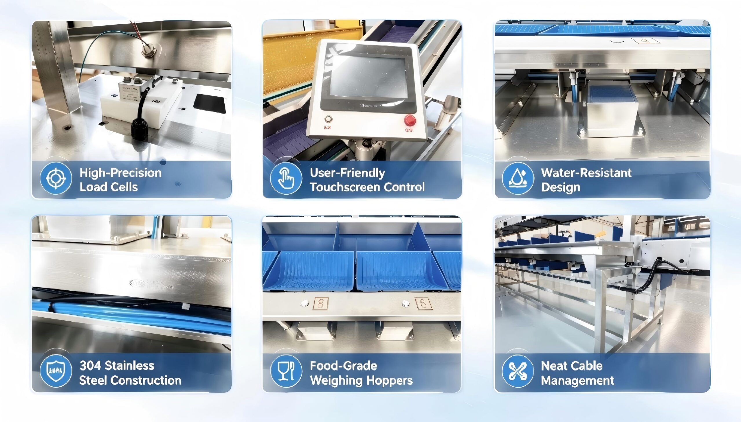 Bucket type multihead weigher components with weighing hopper and control system