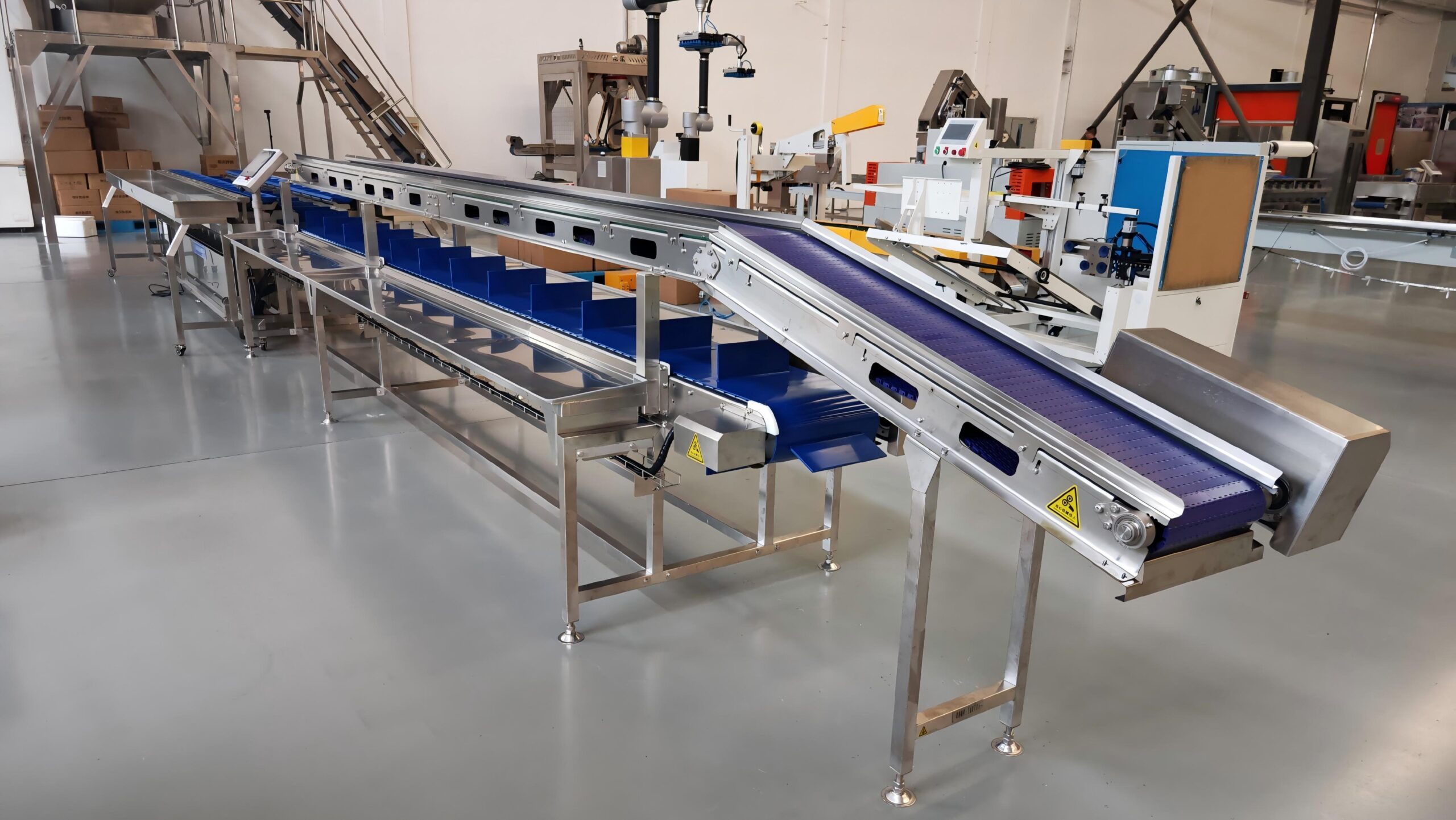 Double layer conveyor system for automatic durian processing and packaging line