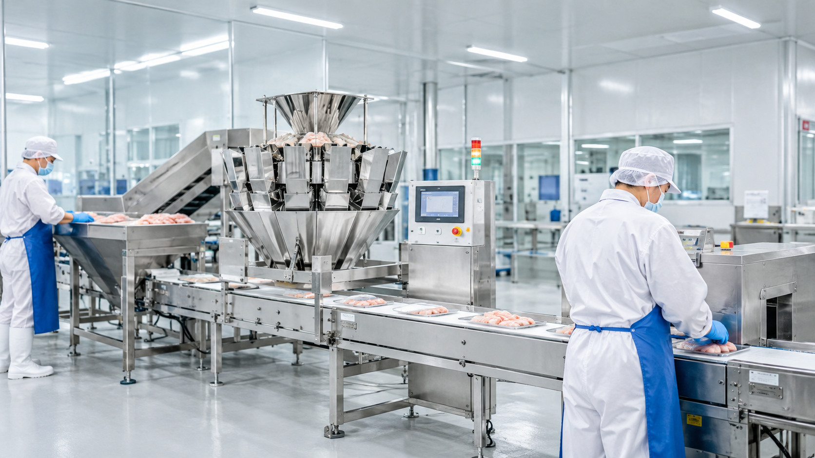 Food processing automation solutions with weighing, sorting and conveying equipment
