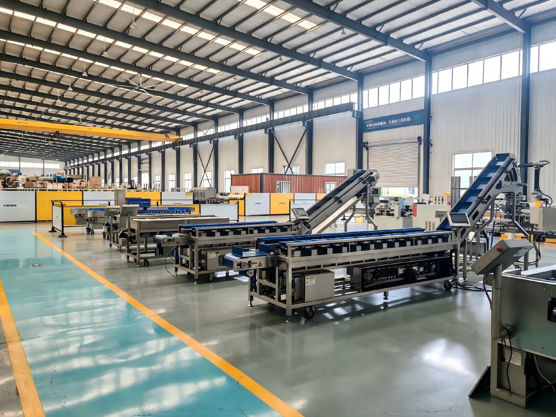 Food processing equipment manufacturing factory with weighing, sorting and conveyor systems