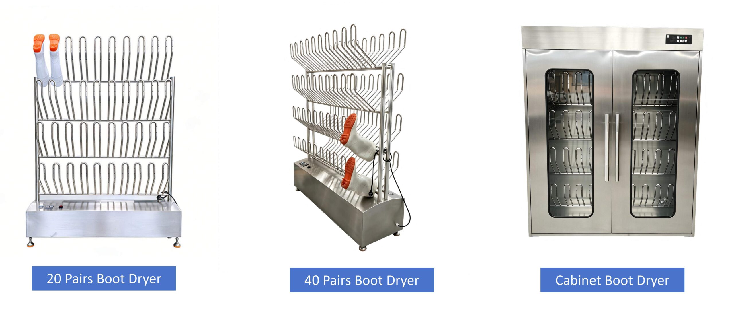 Different models of industrial boot dryer racks with stainless steel design for food factory hygiene equipment
