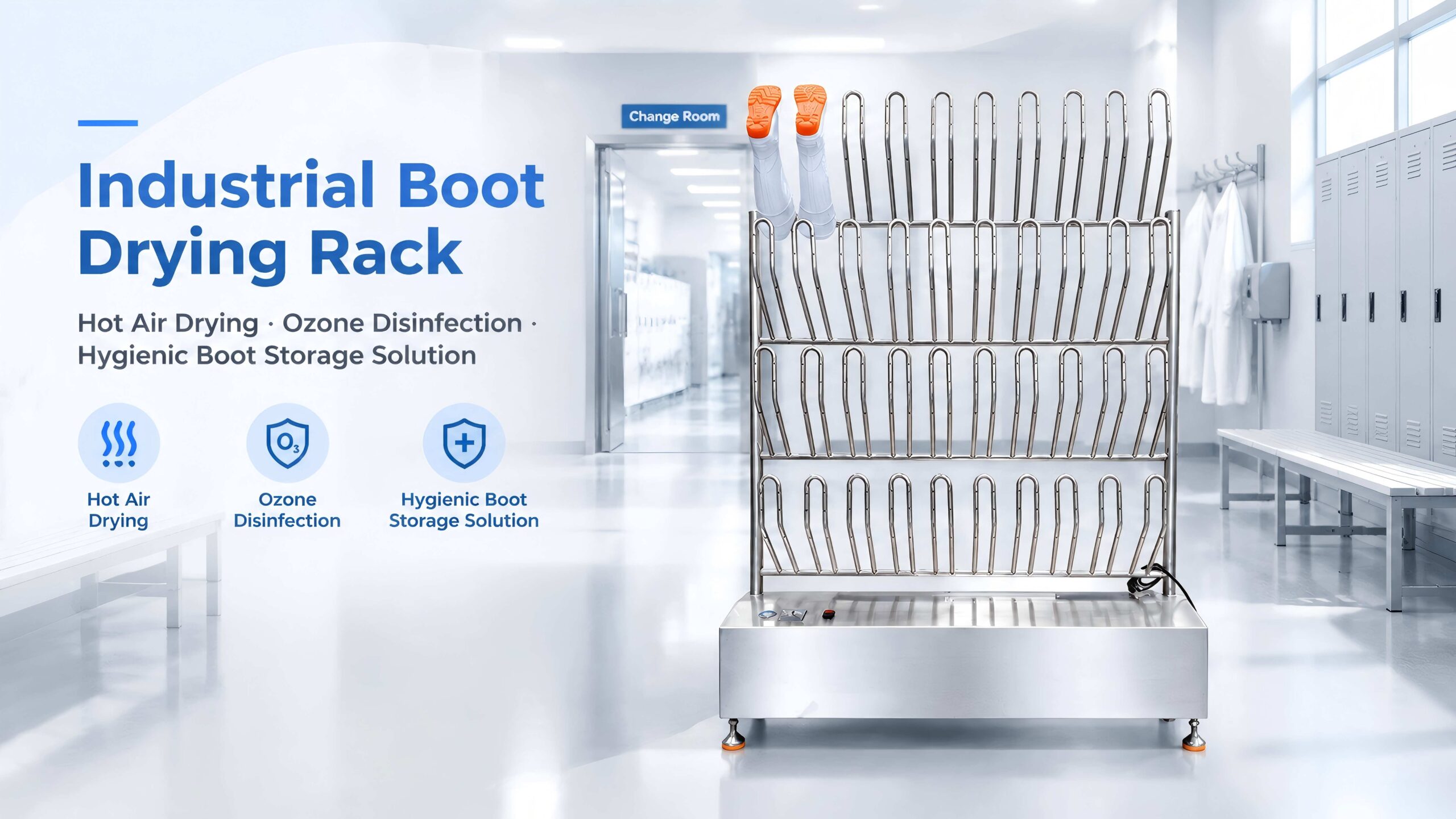 Industrial boot drying rack with drying and disinfection functions for food factory hygiene management