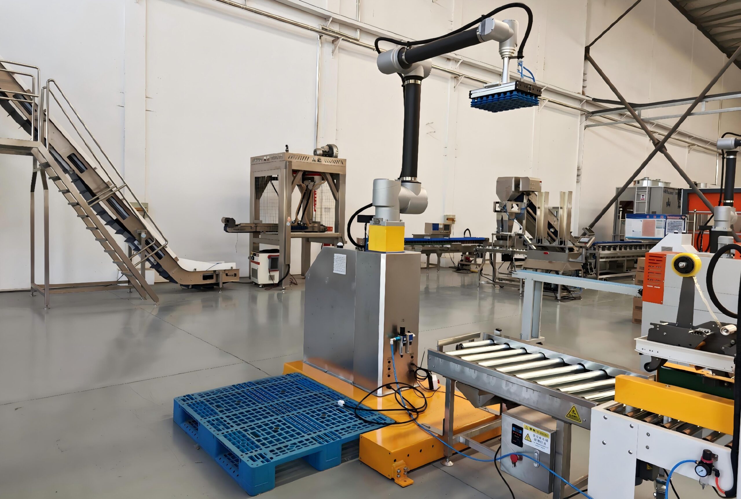 South Korea food factory robotic palletizing system with conveyor line for carton boxes