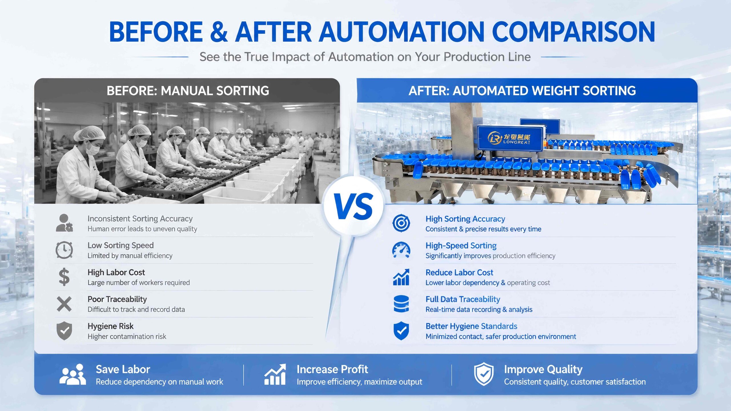 Rotary tray weight sorting machine before and after automation comparison for food processing weight grading